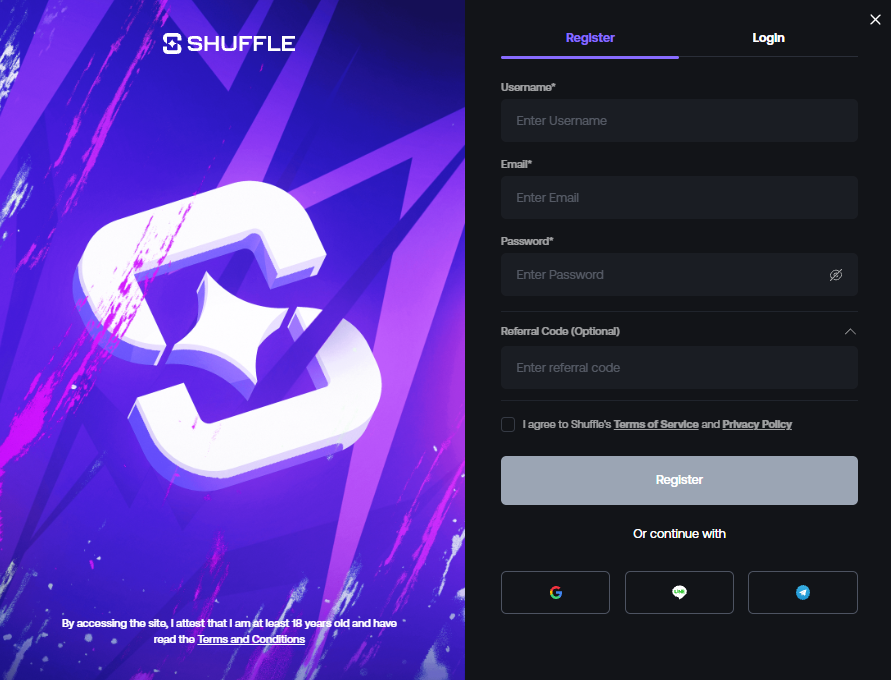 Shuffle registration form showing username, email, password and referral code fields